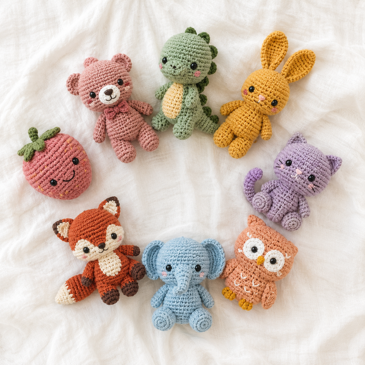 8 amigurumis: urso, dino, coelho, gato, raposa, elefante, coruja, morango