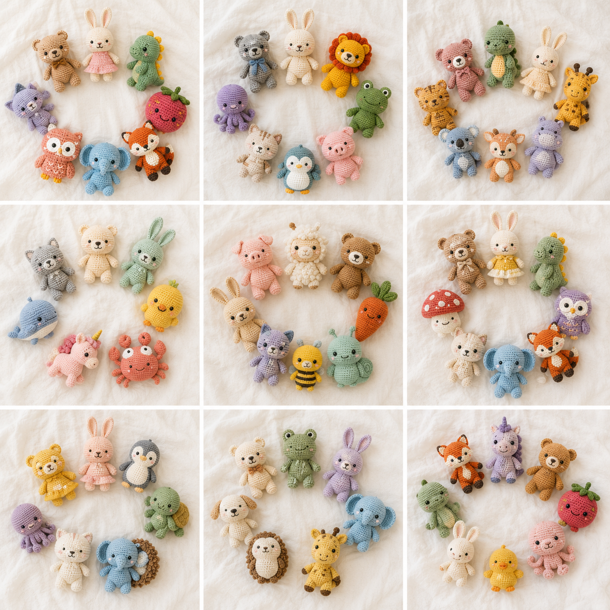 Grade com mais de 80 amigurumis diferentes — toda a variedade do pack